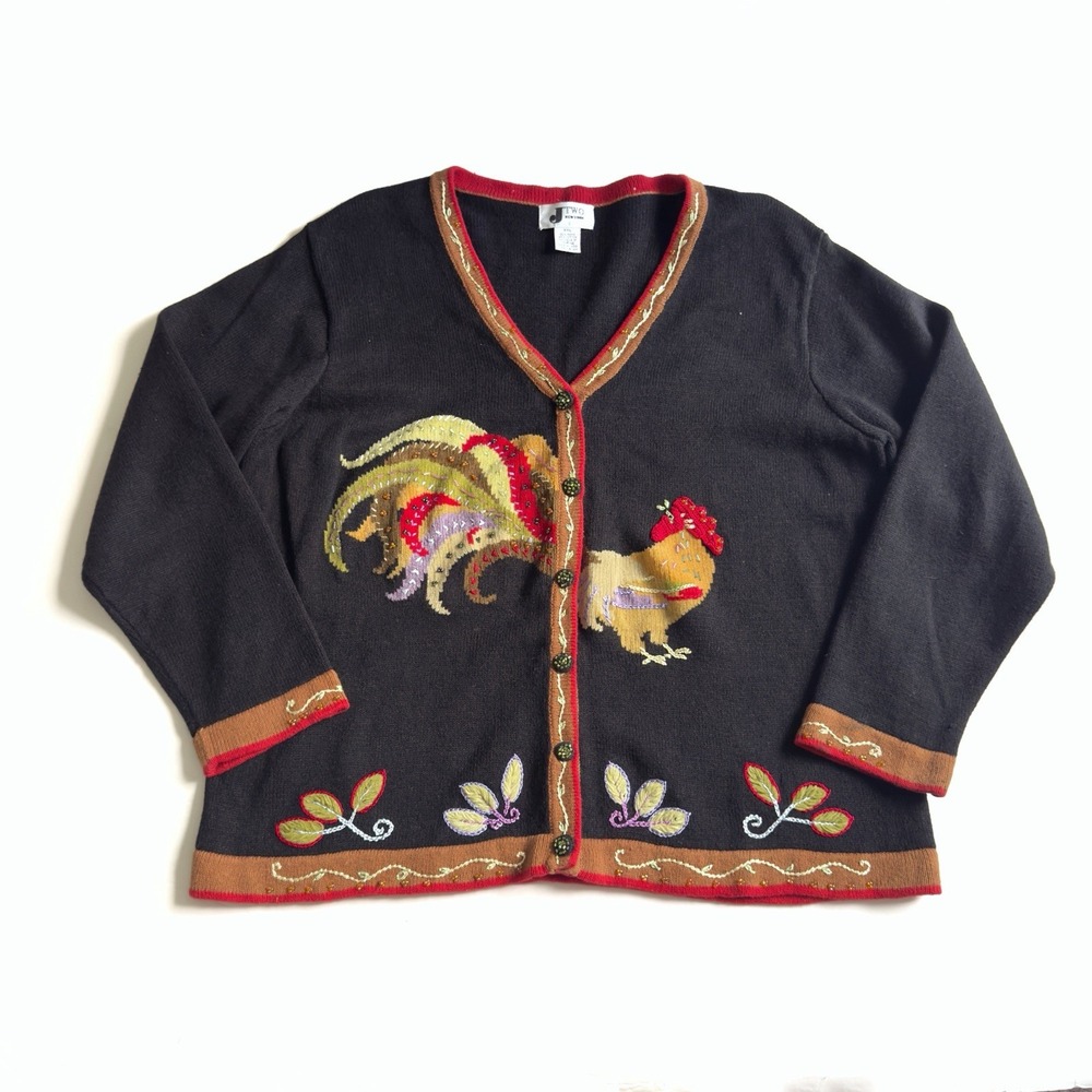 Vintage Embroidered Rooster Cardigan Sweater XXL Farm Country Chicken Beads 90s